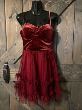 Trixxi burgundy velvet and tulle tiered mini dress